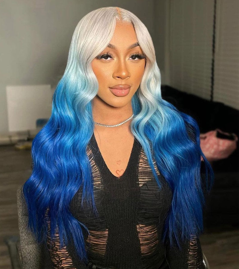 Body Wave Blonde To blue Ombre Wig 13x4 HD Transparent Lace Frontal Pre Plucked With Baby Hair-Alididihair