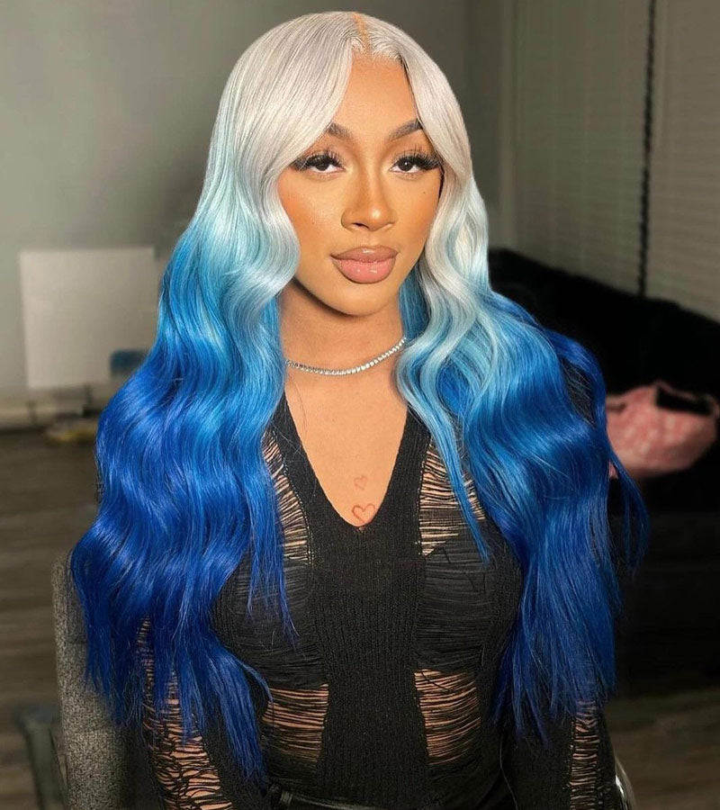 Body Wave Blonde To blue Ombre Wig 13x4 HD Transparent Lace Frontal Pre Plucked With Baby Hair-Alididihair