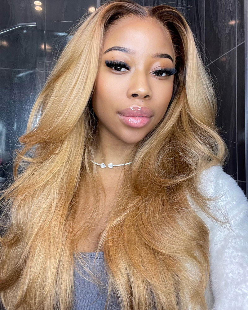 Body Wave T1B/#27 Ombre Blonde Wig 13x4 HD Transparent Lace Frontal Wig Pre Plucked Hairline-Alididihair