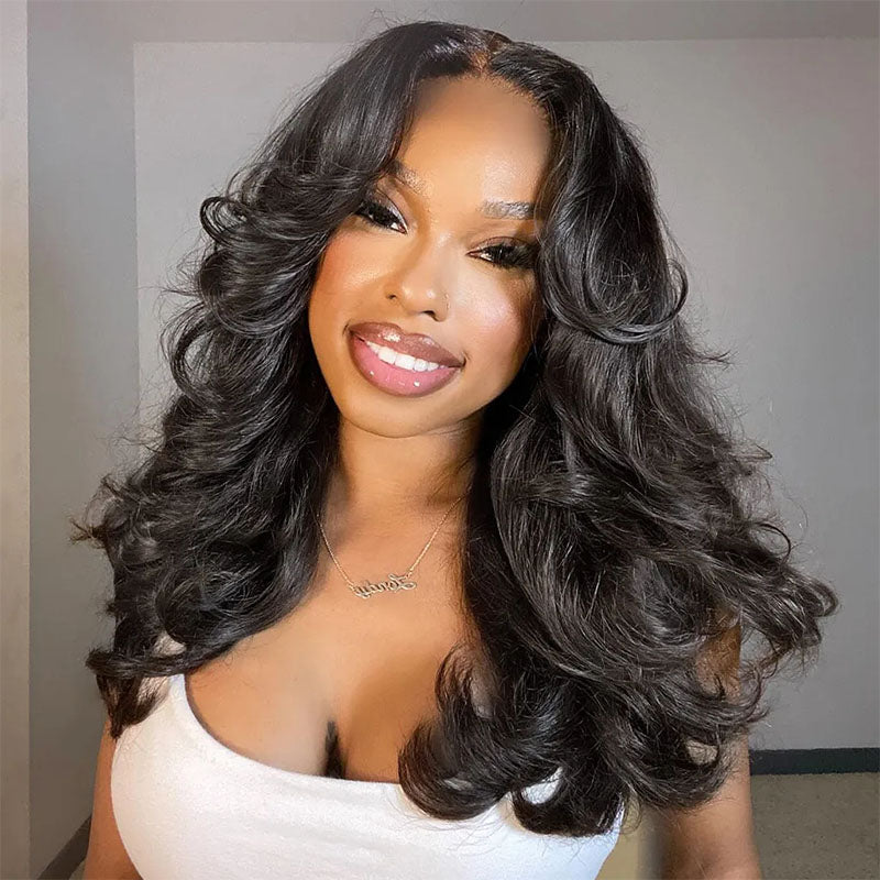 Alididi Curtain Bangs Glueless Swiss HD Lace Wig Loose Body Wave Lace Frontal Wig Chic Retro Single Knots Human Hair Wigs-No Code