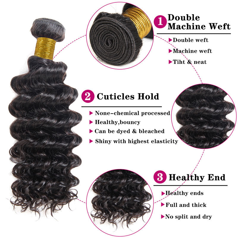 Alididi 4 Bundles Deep Wave Human Hair Bundles Natural Color