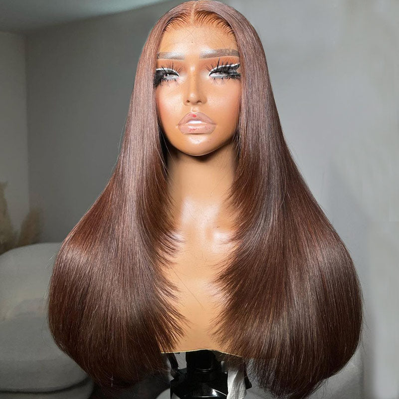 Brown Straight Hair 13x4 HD Transparent Lace Frontal Wig Pre Plucked Hairline 100% Human Hair Wig-Alididihair