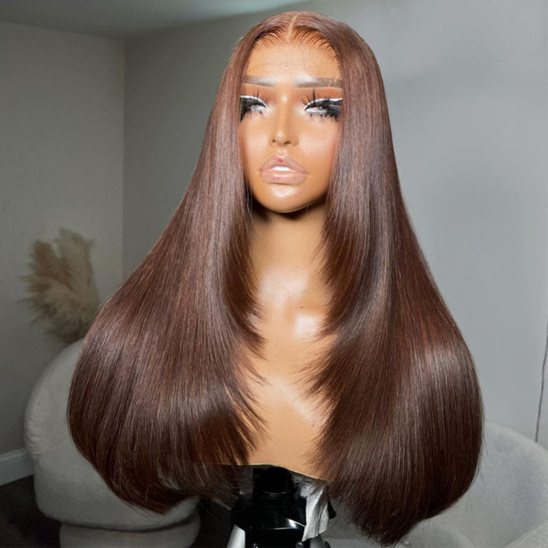 Brown Straight Hair 13x4 HD Transparent Lace Frontal Wig Pre Plucked Hairline 100% Human Hair Wig-Alididihair