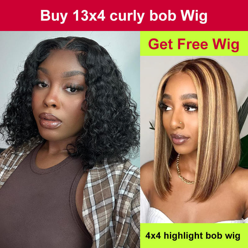 Buy 13x4 Lace Frontal Short Curly Bob Wig Get Straight Ombre Highlight 4x4 Short Bob Wig For Free