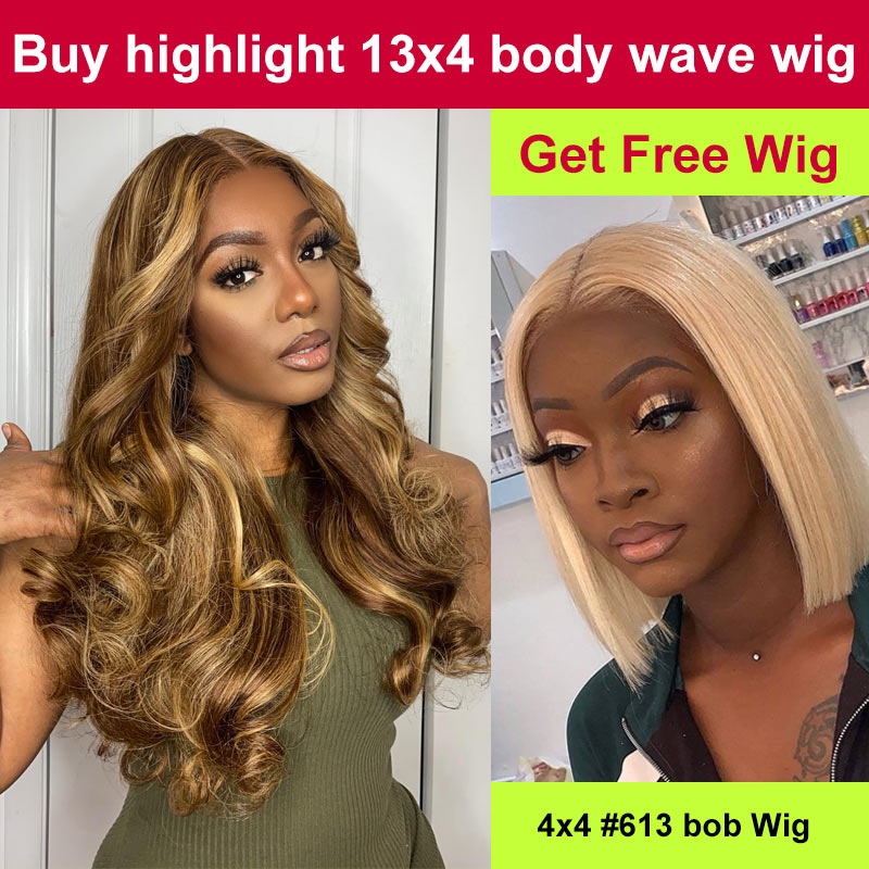 Buy 13x4 Body Wave Ombre Highlight Wig Get #613 Color 4x4 Short Bob Wig For Free