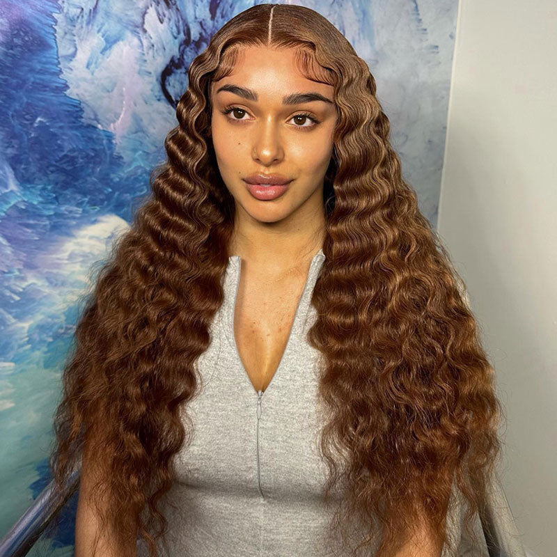 Chestnut Color 13x4 Transparent Lace Frontal Wig Loose Deep Wave Pre Plucked Hairline Best Human Hair Wig