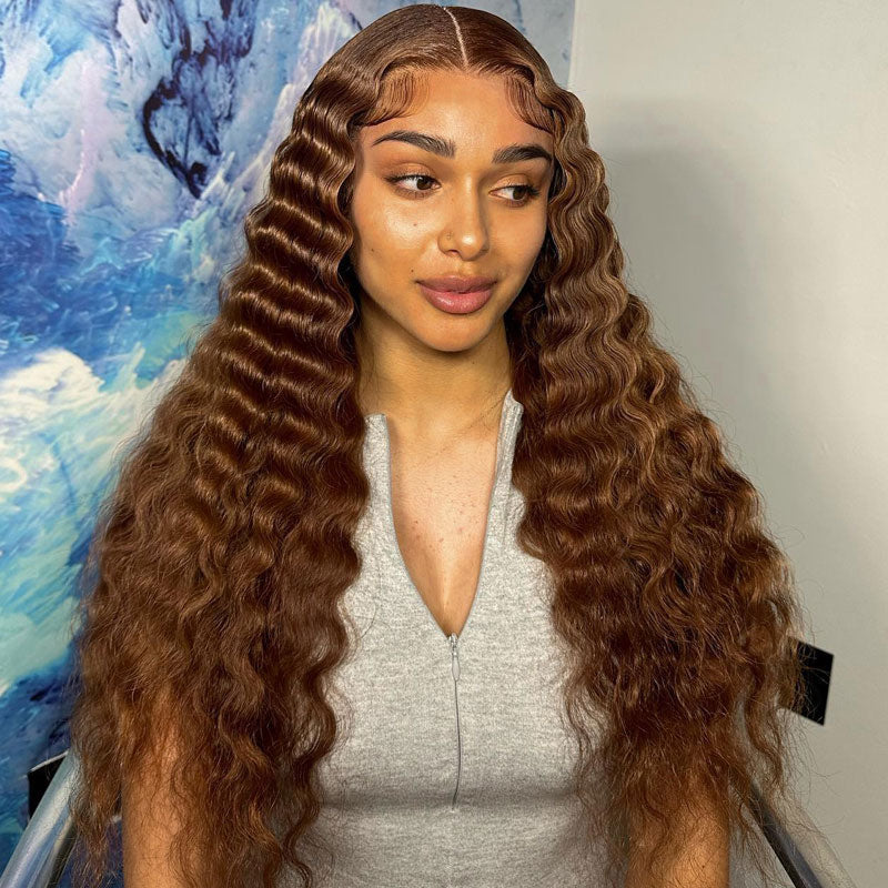 Chestnut Color HD Transparent 13x4 Lace Frontal Wig Loose Deep Wave Pre Plucked Hairline Best Human Hair Wig
