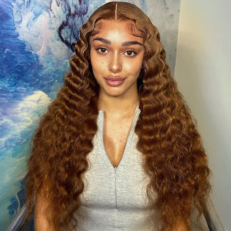 Chestnut Color 13x4 Transparent Lace Frontal Wig Loose Deep Wave Pre Plucked Hairline Best Human Hair Wig