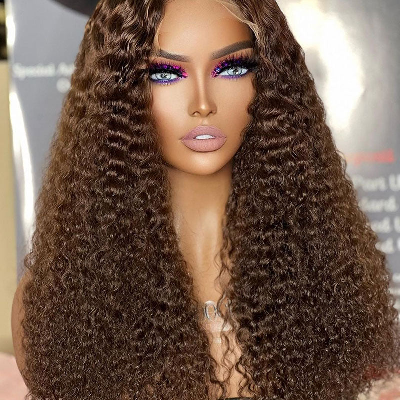 Jeery Curly Chocolate Brown Wig 13x4 HD Transparent Lace Frontal Wig Natural Hairline Real Human Hair Wigs-Alididihair