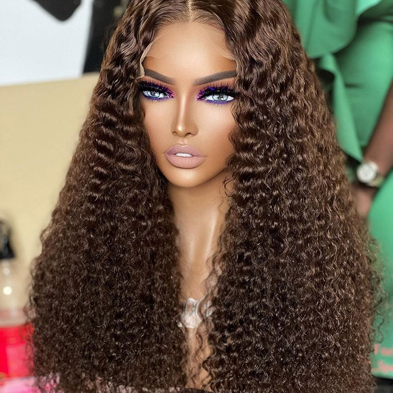 Jeery Curly Chocolate Brown Wig 13x4 HD Transparent Lace Frontal Wig Natural Hairline Real Human Hair Wigs-Alididihair