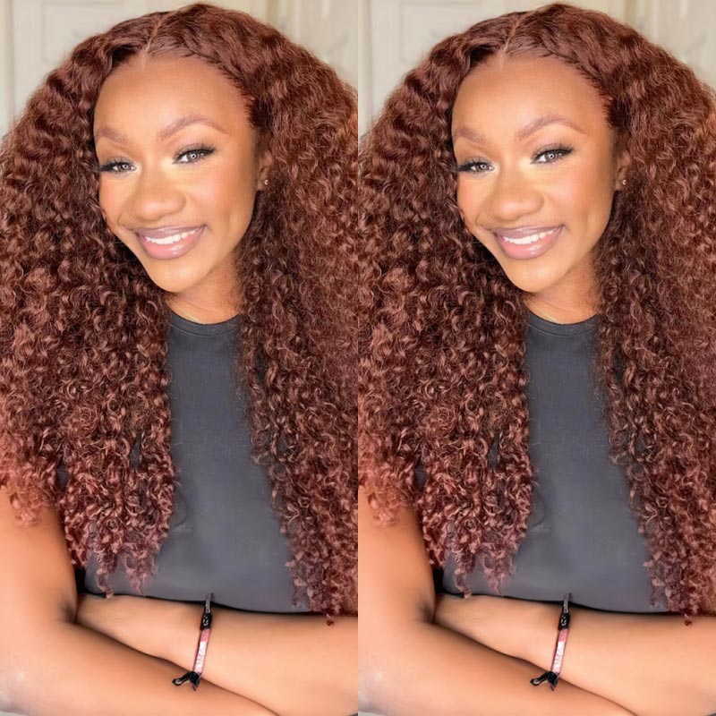 {Super Deal} Copper Red Colored Wig 13x4 HD Transparent Lace Frontal Wig Pre Plucked Reddish Brown Curly Wigs-Alididihair