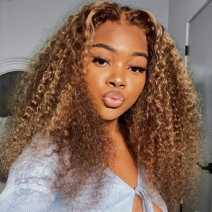 Honey Blonde Highlight #4/27 Curly Wig 13x4 HD Transparent Lace Frontal Wig Real Human Hair Wigs-Alididihair