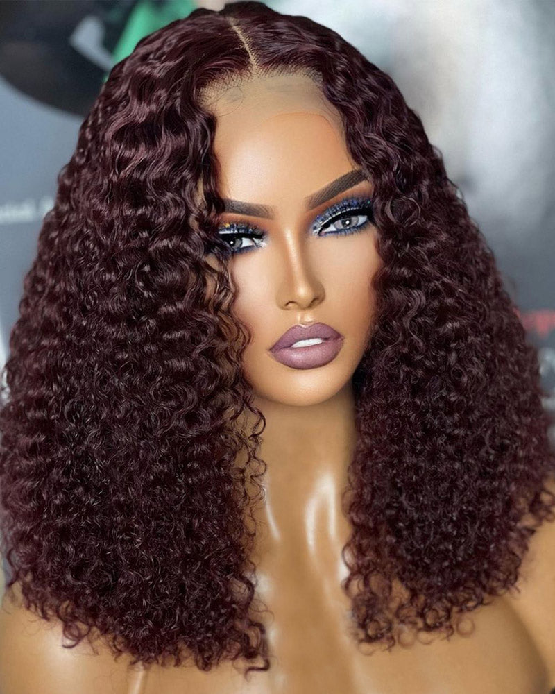 Short Curly Bob Wig Dark 99j Burgundy 13x4 HD Transparent Lace Frontal Wig Pre Plucked Real Human Hair Wig-Alididihair