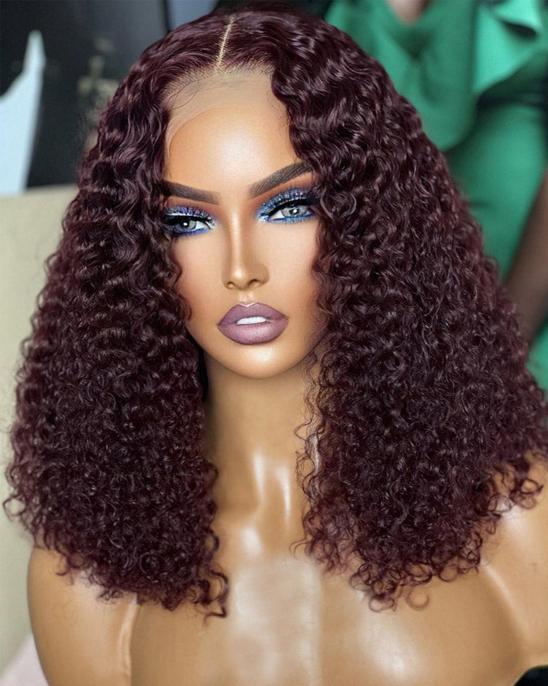 Short Curly Bob Wig Dark 99j Burgundy 13x4 HD Transparent Lace Frontal Wig Pre Plucked Real Human Hair Wig-Alididihair