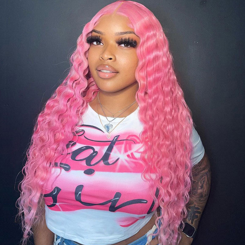 Deep Wave 13x4 HD Lace Frontal Wig Pre Plucked Natural Hairline Pink Human Hair Wig-Alididihair