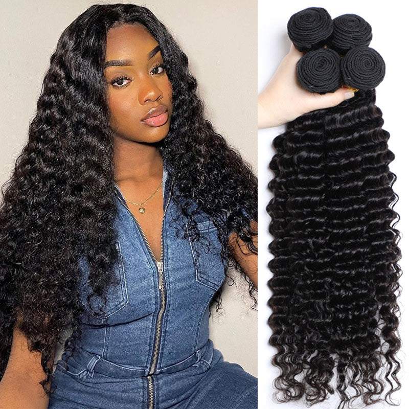 Alididi 4 Bundles Deep Wave Human Hair Bundles Natural Color