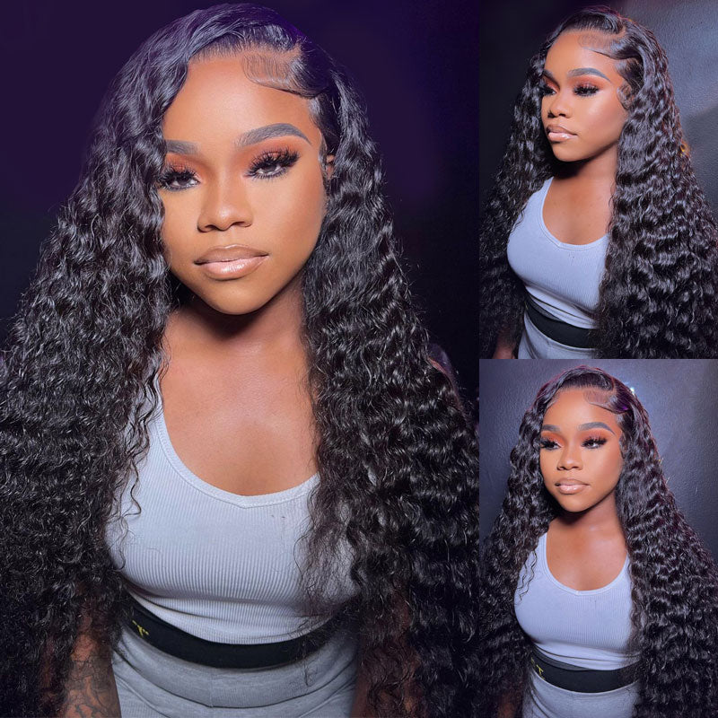 Deep Wave 13x4 Transparent Lace Frontal Wigs Pre Plucked With Baby Hair Deep Curly Lace Front Wig Human Hair