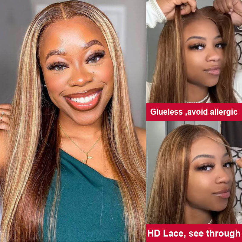 Wear And Go Wig Straight Hair Blond Highlights Pre Cut 4x6 HD Lace Closure Glueless Human Hair Wigs-Alididihair