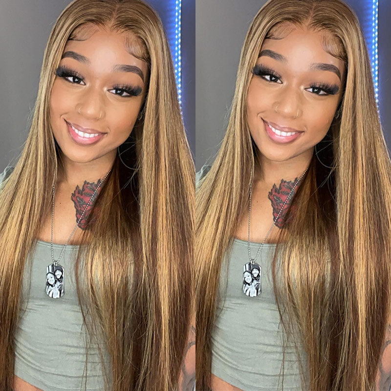 Wear And Go Wig Straight Hair Blond Highlights Pre Cut 4x6 HD Lace Closure Glueless Human Hair Wigs-Alididihair