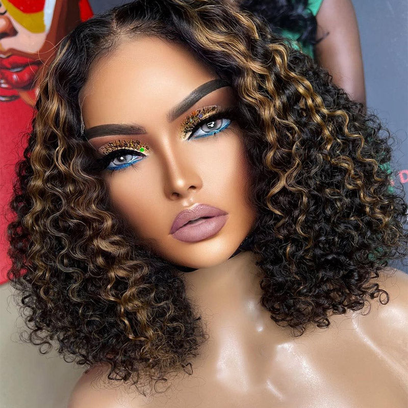 Short Curly Bob Wig Ombre Blonde Highlight 13x4 HD Transparent Lace Frontal Wig Pre Plucked Real Human Hair Wig-Alididihair