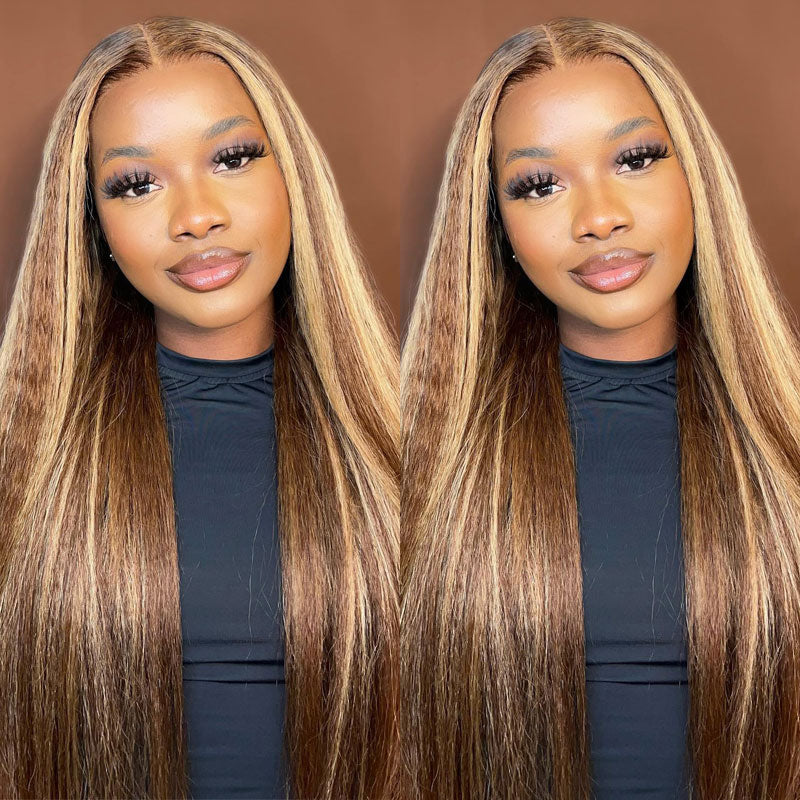 Kinky Straight 13x4 HD Invisible  Lace Frontal Wig Honey Blonde Highlight Lace Front Wig Pre Plucked Real Human Hair Wig-Alididihair