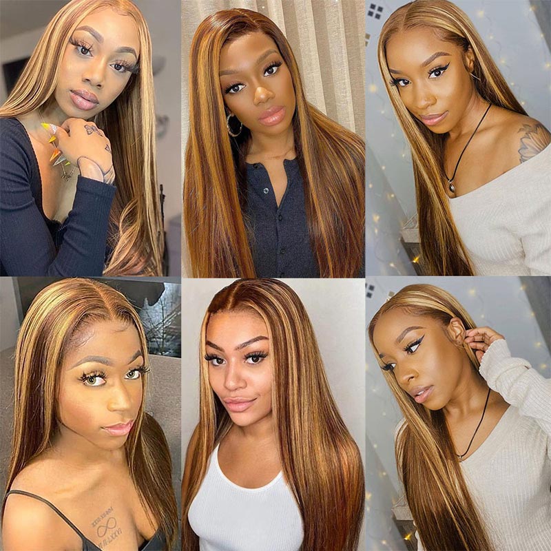 Wear And Go Wig Straight Hair Blond Highlights Pre Cut 4x6 HD Lace Closure Glueless Human Hair Wigs-Alididihair