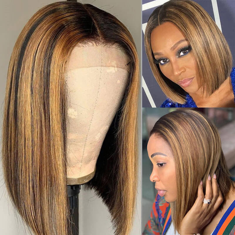 Ombre Highlight Straight Blonde Brown Short Bob 13x4 HD Lace Front Wig Human Hair Wig-alididihair