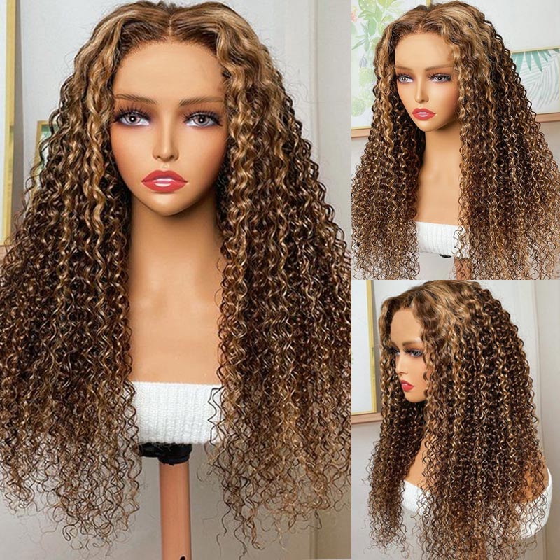 Honey Blonde Highlight #4/27 Curly Wig 13x4 HD Transparent Lace Frontal Wig Real Human Hair Wigs-Alididihair
