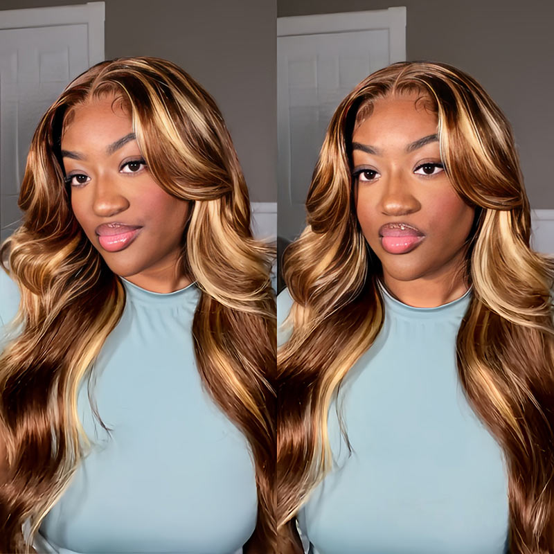 Body Wave Ombre Highlight 13x4 HD Transparent 4/27 Honey Blonde Lace Frontal Wigs Pre Plucked-AlididiHair