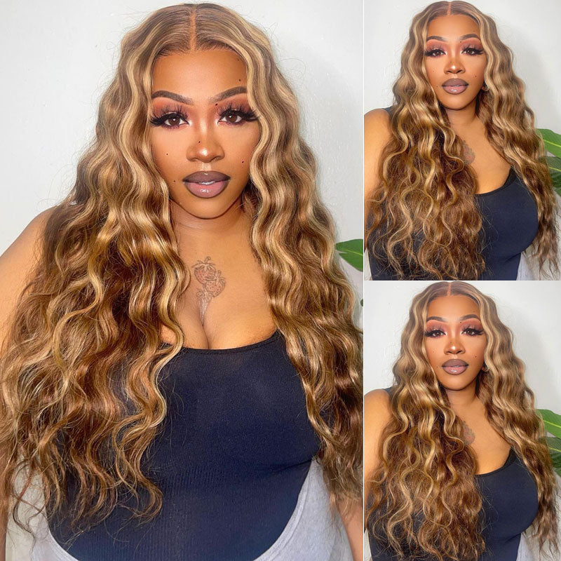 Body Wave Ombre Highlight 13x4 HD Transparent 4/27 Honey Blonde Lace Frontal Wigs Pre Plucked-AlididiHair