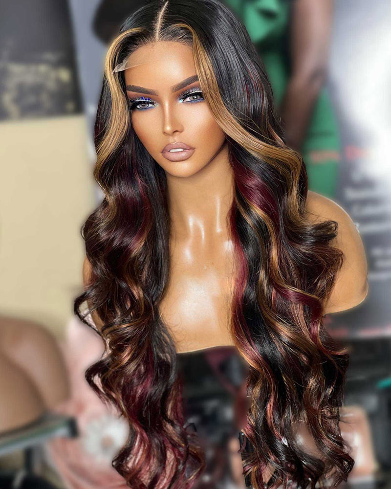 Body Wave Red Hair With Blonde Highlights Wig 13x4/4x4 HD Transparent Lace Frontal Real Human Hair Wig-Alididihair
