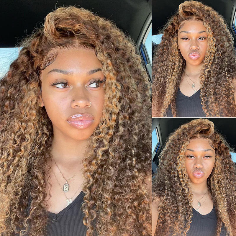 13x6 HD Transparent Lace Frontal Honey Blonde Highlight #4/27 Curly Human Hair Wigs-Alididihair