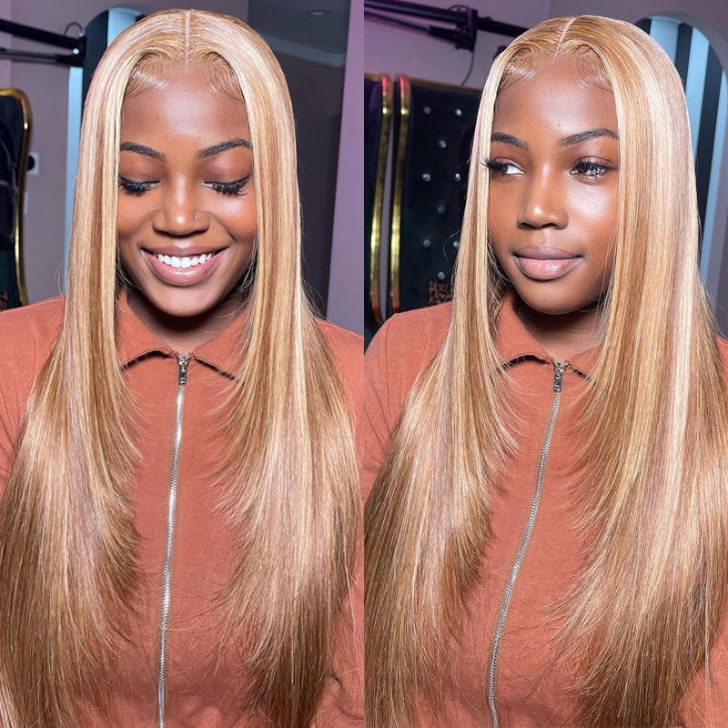 Highlight Ombre 4x4/13x4 HD Transparent Lace Front Wig 4/27 Honey Blonde Straight human Hair Wig-Alididihair