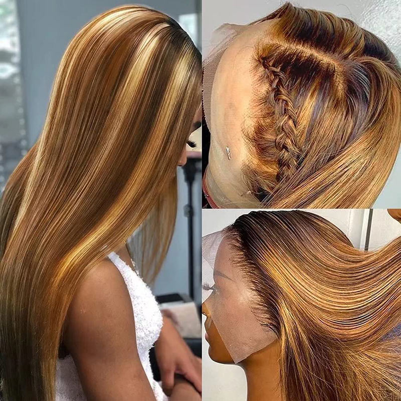 Ombre Highlight 13x4 HD Transparent 4/27 Honey Blonde Lace Frontal Wigs Straight Humna Hair Wig-AlididiHair