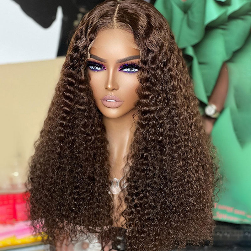 Jeery Curly Chocolate Brown Wig 13x4 HD Transparent Lace Frontal Wig Natural Hairline Real Human Hair Wigs-Alididihair