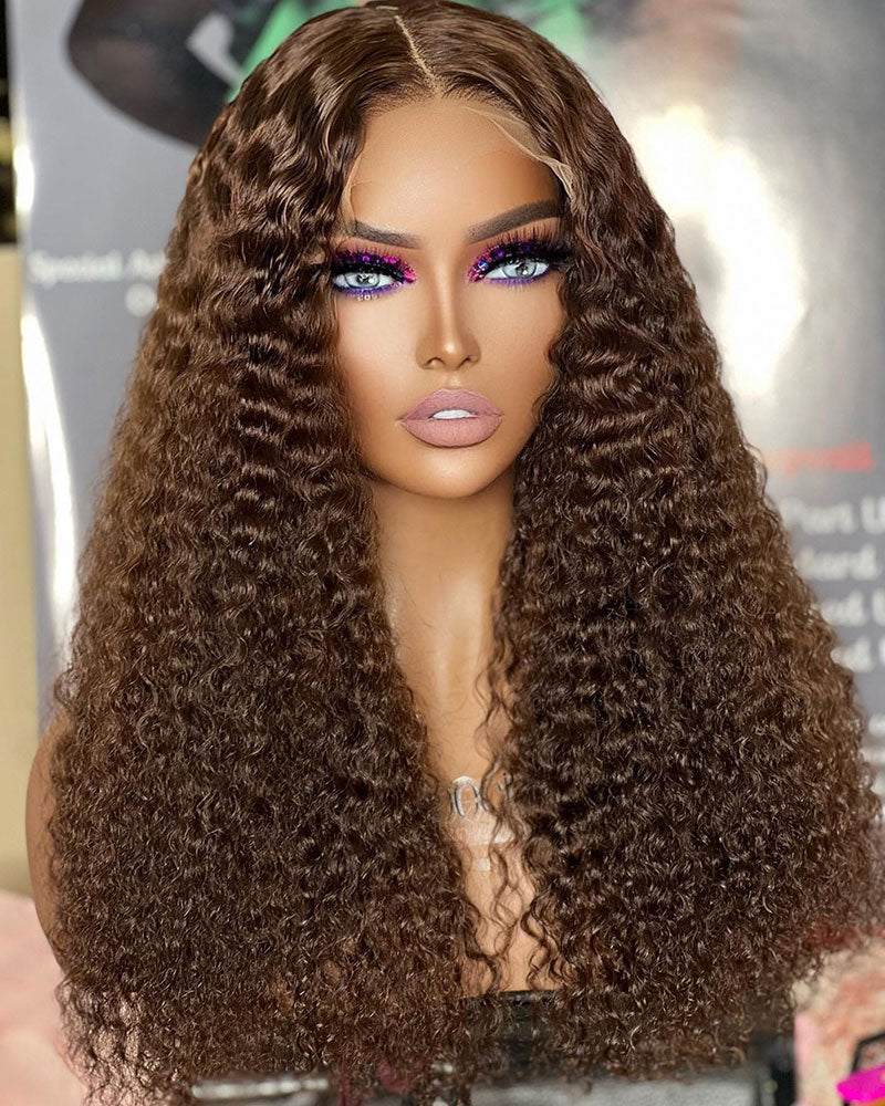 Jeery Curly Chocolate Brown Wig 13x4 HD Transparent Lace Frontal Wig Natural Hairline Real Human Hair Wigs-Alididihair