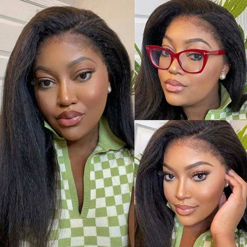 Natural 4C Edges Kinky Straight 13x4 Transparent Lace Front Wig With 4C Hairline Kinky Edges-AlididiHair