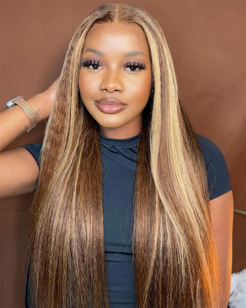 Kinky Straight 13x4 HD Invisible  Lace Frontal Wig Honey Blonde Highlight Lace Front Wig Pre Plucked Real Human Hair Wig-Alididihair