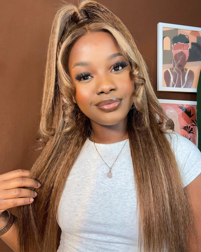 Kinky Straight 13x4 HD Invisible  Lace Frontal Wig Honey Blonde Highlight Lace Front Wig Pre Plucked Real Human Hair Wig-Alididihair