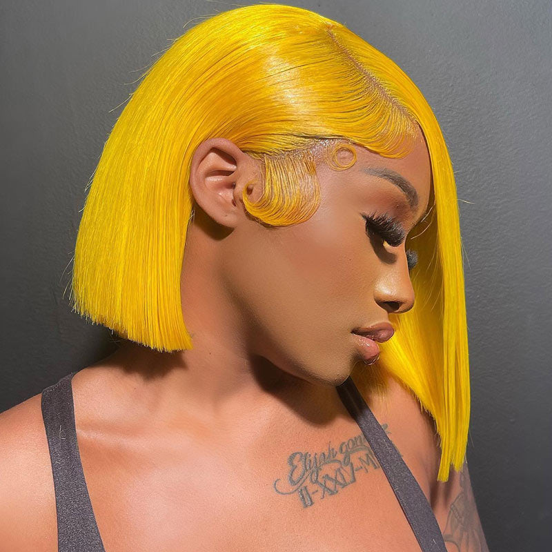 Short Straight Hair Bob Wig Yellow Color 13x4 HD Transparent Lace Front Wigs Pre Plucked-Alididihair