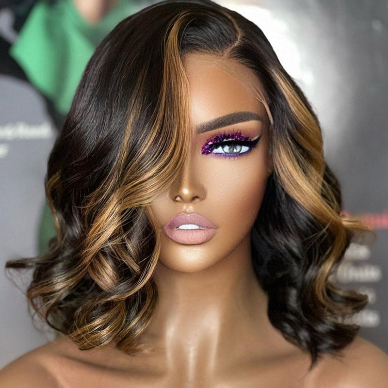 Loose-Wave-Short-Bob-Wig-13x4-HD-Transparent-Lace-Frontal-Black-Hair-With-Blonde-Highlights-Wig-Natural-Hairline-Real-Human-Hair-Wig