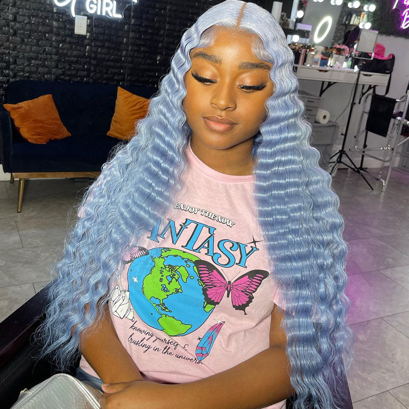 Pale Blue Wig 13x4 HD Transparent Lace Frontal Deep Wave Wig Pre Plucked Real Human Hair Wig-Alididihair