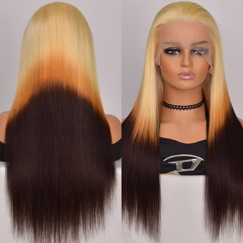 Luxury Bouncy Curly/Straight 613 Blonde Ombre Chocolate Wig 13x4 HD Lace Frontal Pre Plucked Blonde Human Hair Wigs