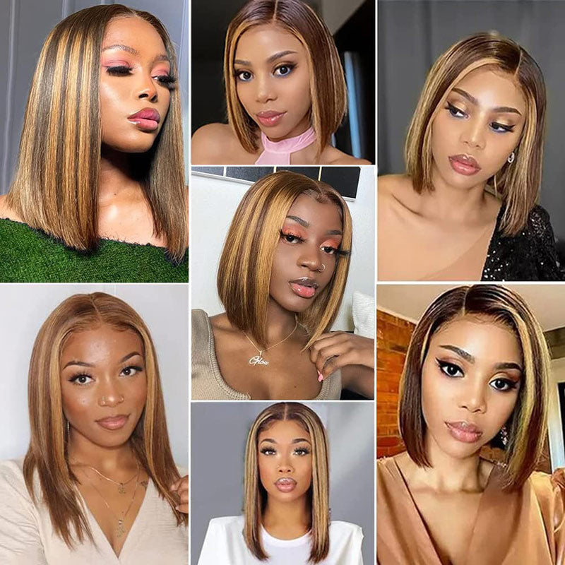 Ombre Highlight Straight Blonde Brown Short Bob 13x4 HD Lace Front Wig Human Hair Wig-alididihair