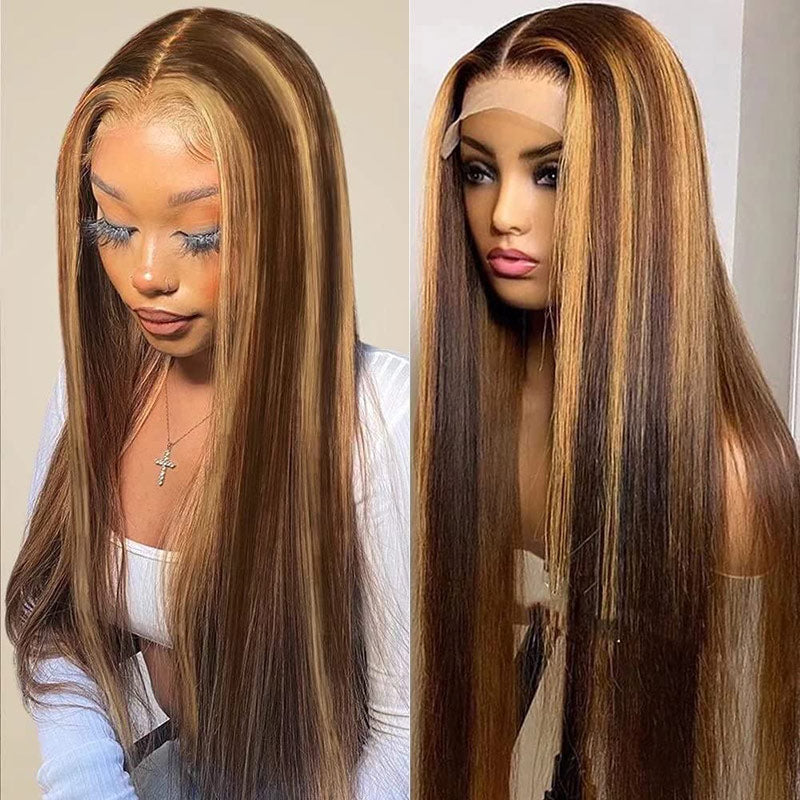 Ombre Highlight 13x4 HD Transparent 4/27 Honey Blonde Lace Frontal Wigs Straight Humna Hair Wig-AlididiHair