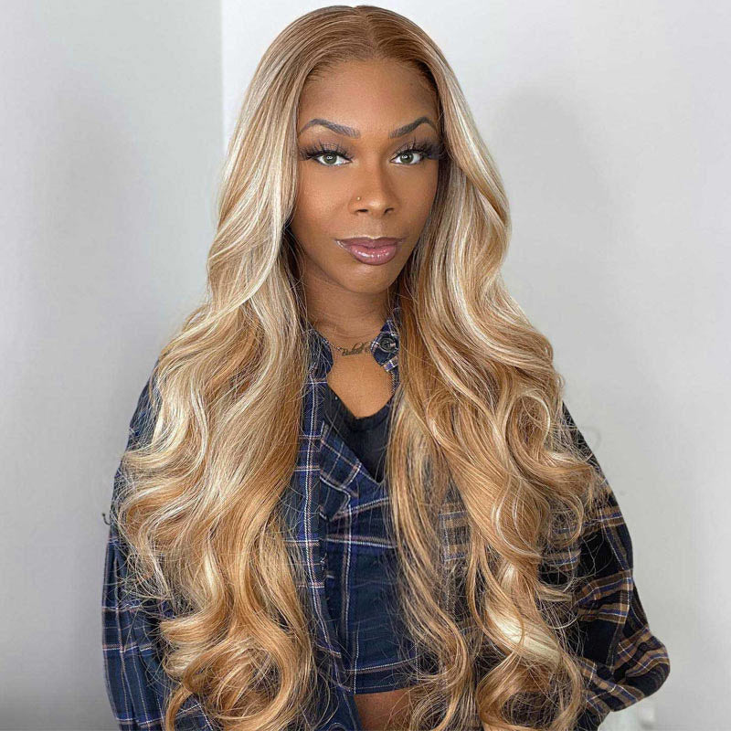 P27/613 Blonde Highlights 13x4 HD Transparent Lace Frontal Wig Straight Hair/Body Wave Human Hair Wig Pre Plucked Hairline-alididihair