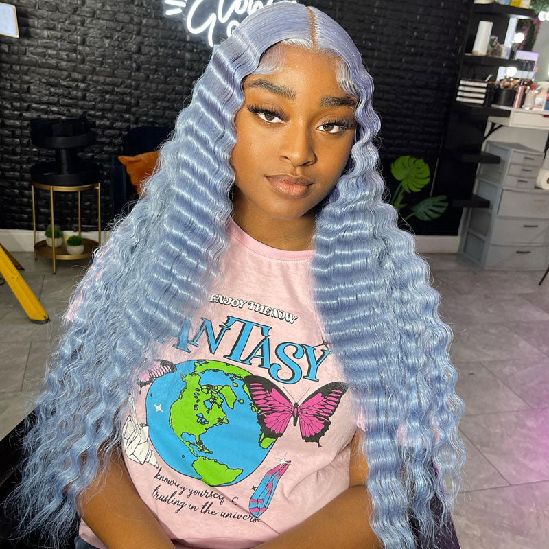 Pale Blue Wig 13x4 HD Transparent Lace Frontal Deep Wave Wig Pre Plucked Real Human Hair Wig-Alididihair