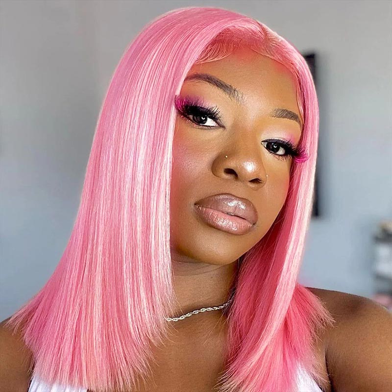 Short Straight Hair 13x4 HD Transparent Pink Lace Front Wig Natural Hairline Human Hair Bob Wig-Alididihair