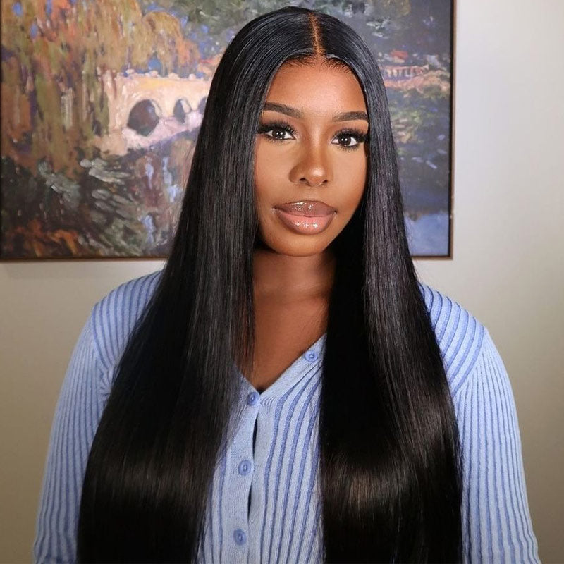 Pre Plucked Long Straight Hair 4x4 Transparent HD Lace Closure Wig Natural Black Human Hair Wig-AlididiHair