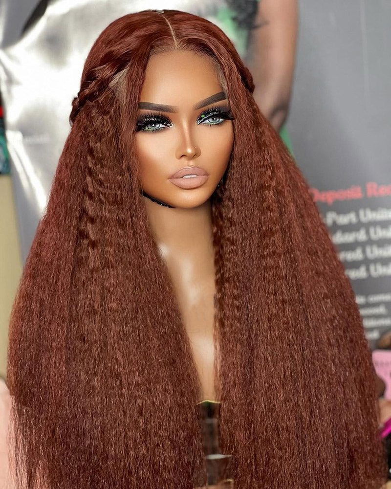 Reddish Brown 13x4/4x4 HD Transparent Lace Wig Kinky Straight Glueless Human Hair Wigs